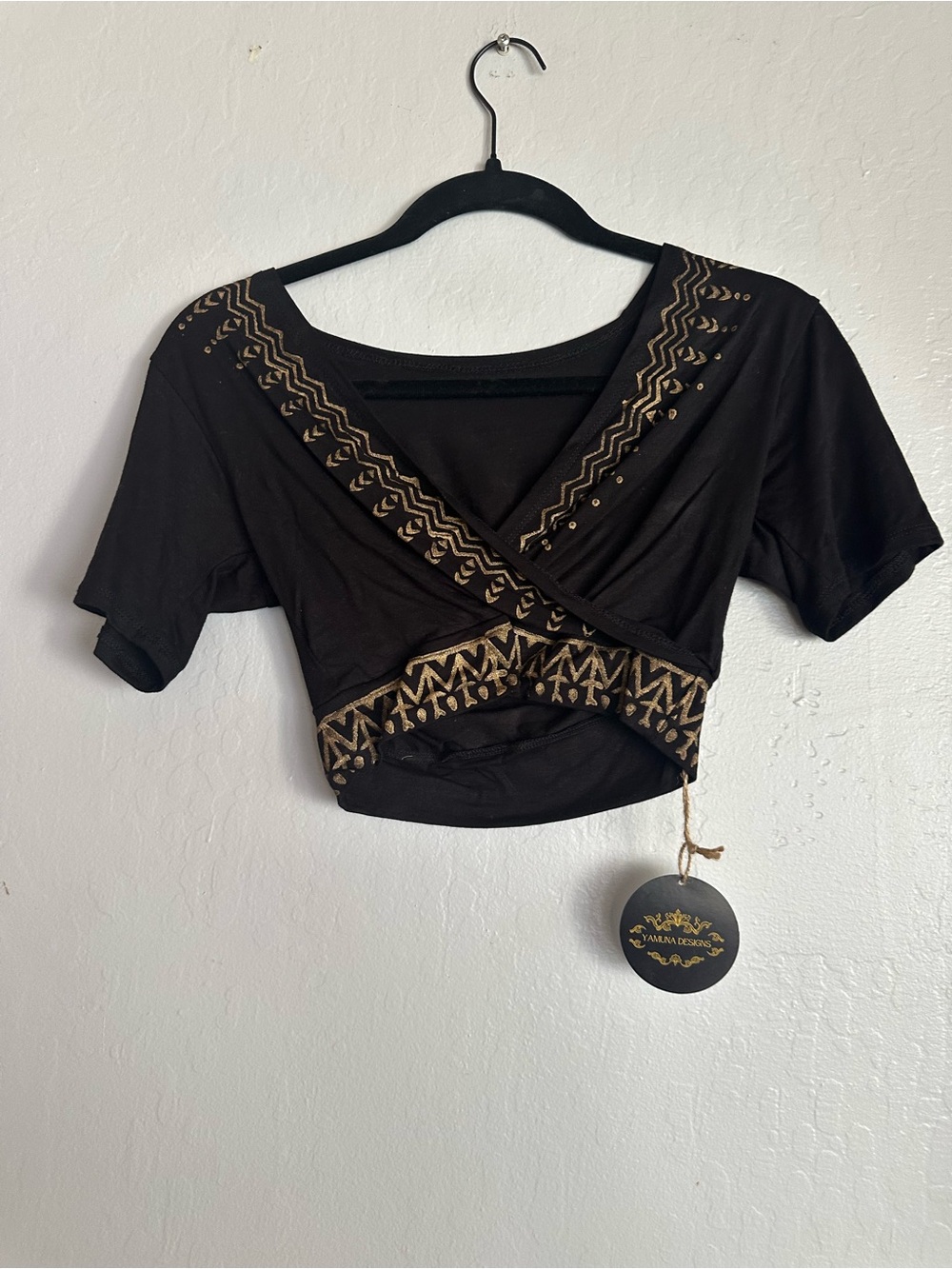Black Crop Wrap Top with Gold Trim